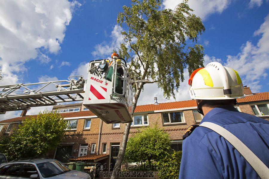 Brandweer zaagt scheef staande boom in stukken